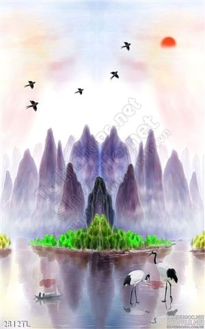 Tranh thư pháp màu nước chim hạc trên sông đẹp