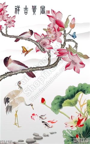 Tranh hoa Đào và chim sẻ trang trí tường