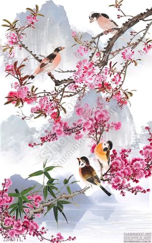 Tranh màu nước hoa Đào và chim yến