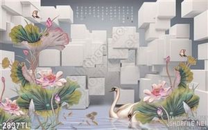 Tranh tường 3D chim thiên nga và hoa sen