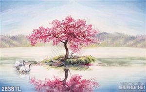 Tranh sơn dầu chim thiên nga và phong cảnh mùa xuân