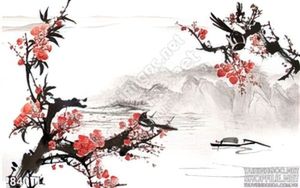 Tranh thư pháp hoa Đào và thuyền