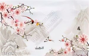 Tranh phong cảnh núi và hoa Đào