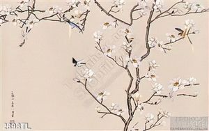 Tranh chim én và hoa đào trang trí dán tường
