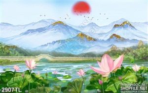 Tranh sơn dầu núi và hồ Sen đẹp