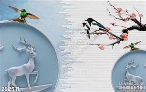 Tranh điêu khắc hươu và hoa mùa xuân trang trí Tết