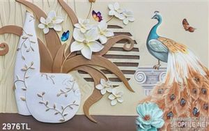 Tranh 3D điêu khắc chim công và hoa lan