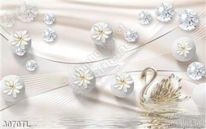 Tranh lụa 3D hoa Cúc và chim thiên nga đẹp