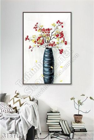 Tranh lụa 3D bình hoa sơn dầu treo tường