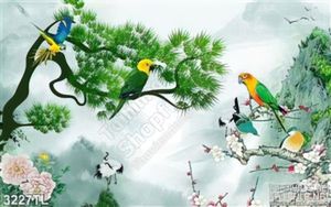 Tranh màu nước chim én và cây tùng đẹp