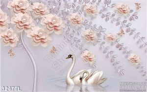 Tranh 3D hoa hồng và chim thiên nga