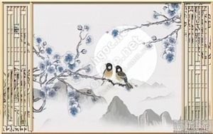 Tranh màu nước chim én và hoa đào