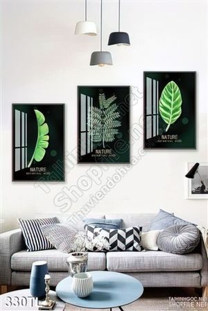Tranh lụa 3D lá cây in kính hiện đại