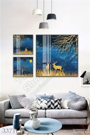 Tranh lụa 3D hươu nai kim tiền in kính đẹp