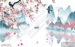 Tranh màu nước hoa đào và chim én màu xuân