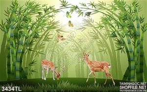 Tranh 3D nai trong rừng tre đẹp