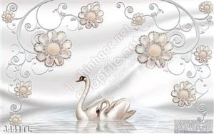 Tranh lụa 3D chim thiên nga và hoa đẹp