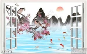 Tranh cửa sổ hoa đào và mùa xuân trang trí đẹp
