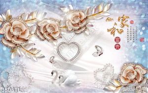 Tranh 3D hoa hồng kim cương và chim thiên nga