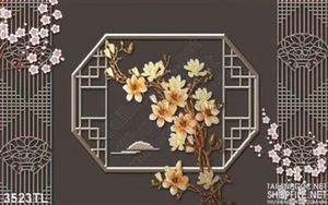 Tranh 3D hoa đào trang trí tường phòng khách