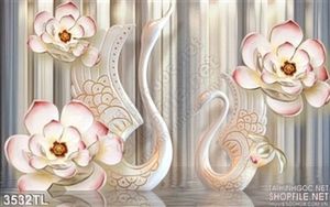 Tranh lụa 3d chim thiên nga và hoa trang trí đẹp