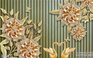 Tranh 3D hoa trang sức vàng và chim thiên nga