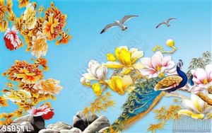 Tranh 3D hoa mẫu đơn và chim công