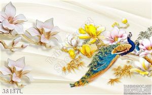 Tranh lụa chim công và hoa điêu khắc đẹp