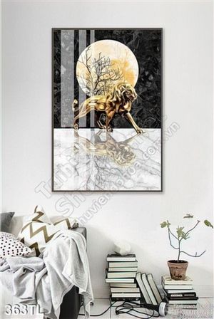 Tranh lụa 3D sư tử vàng in kính đẹp