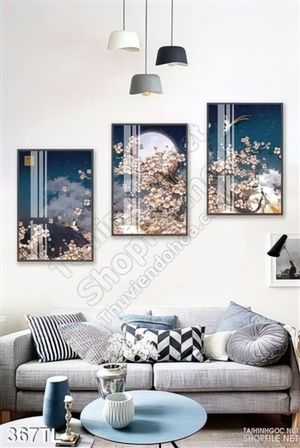 Tranh lụa 3D hoa đào in kính đẹp