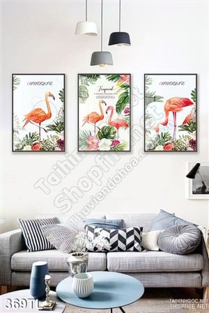 Tranh lụa 3D hồng hạc trang trí treo tường