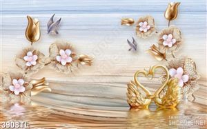 Tranh lụa thiên nga vàng chạm ngọc và hoa đẹp