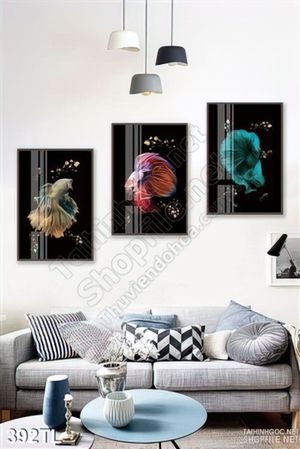 Tranh lụa 3D cá in kính đẹp độc đáo