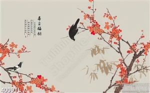 Tranh thủy mặc hoa đào và chim
