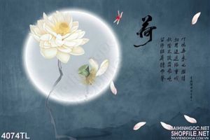 Trannh hoa sen trắng thủy mặc chữ thư pháp