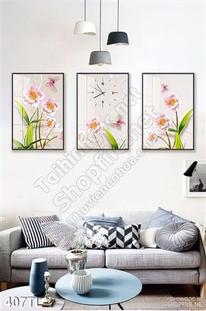 Tranh lụa đồng hồ hoa địa lan treo tường phòng khách
