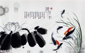 Tranh thủy mặc cá koi hoa sen in uv