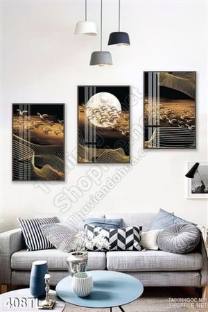Tranh lụa 3D mặt trăng và sóng trang trí