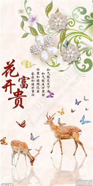 Tranh lụa khổ dọc nai và hoa trang trí