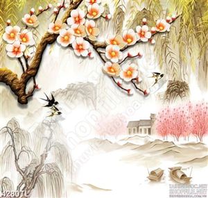 Tranh lụa phong cảnh trang trí hoa mai đào