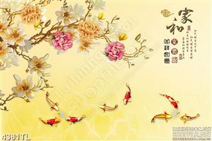 Tranh lụa hoa và cá koi psd