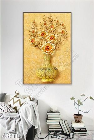 Tranh lụa 3D bình hoa hồng cổ điển đẹp