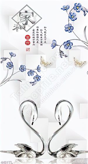 Tranh khổ dọc thiên nga và hoa xanh