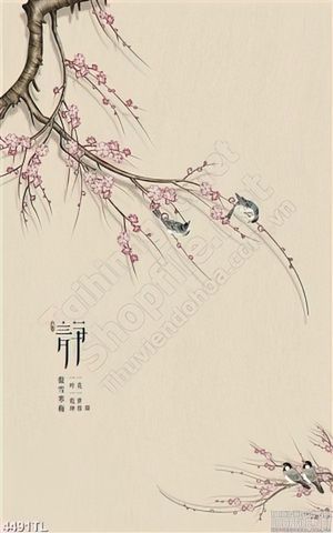 Tranh thủy mặc hoa đào và chim én xuân