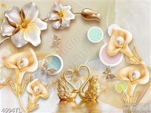 Tranh lụa thiên nga vàng và hoa lan ngọc