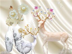 Tranh lụa bình hoa và chú nai