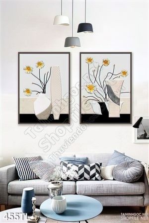 Tranh lụa 3D bình hoa nghệ thuật treo tường phòng khách
