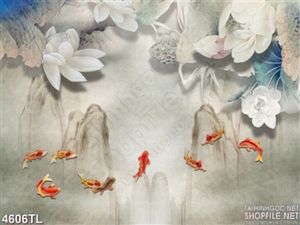 Tranh cá koi in gạch và sen