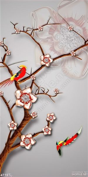 Tranh khổ dọc chim én và hoa