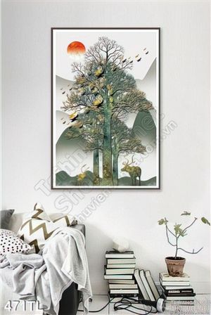 Tranh lụa 3D hươu nai nghệ thuật trang trí